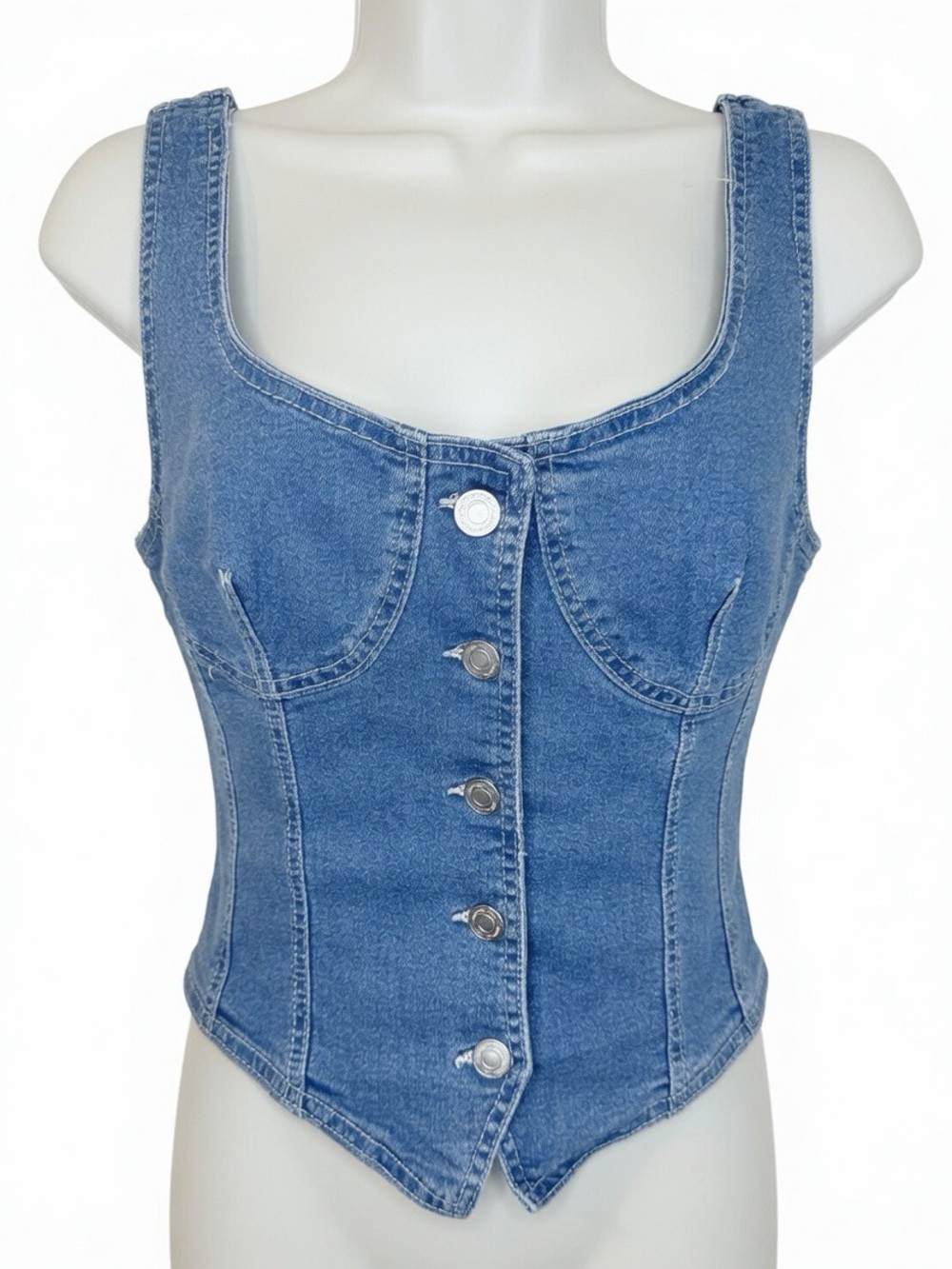 Statement Denim Button-Up Crop Vest Large Blue Jean Tank Top